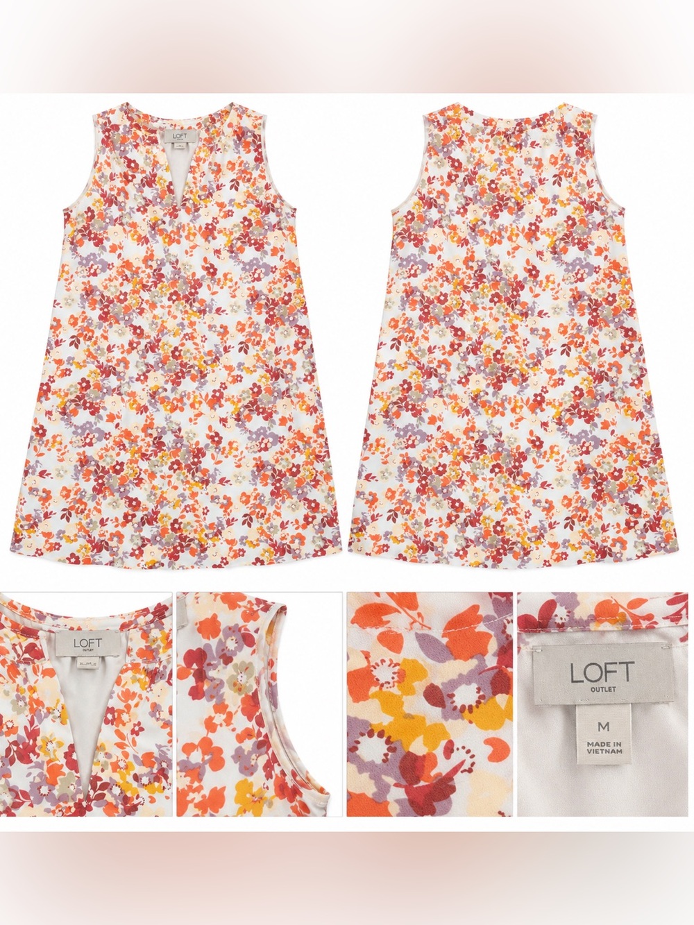 LOFT Women’s Floral Shift Dress in White with Orange & Purple Accents